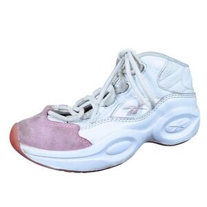 Reebok Question‎ Mid Girls Basketball Sneakers Sz 2 White Pink Leather Retro